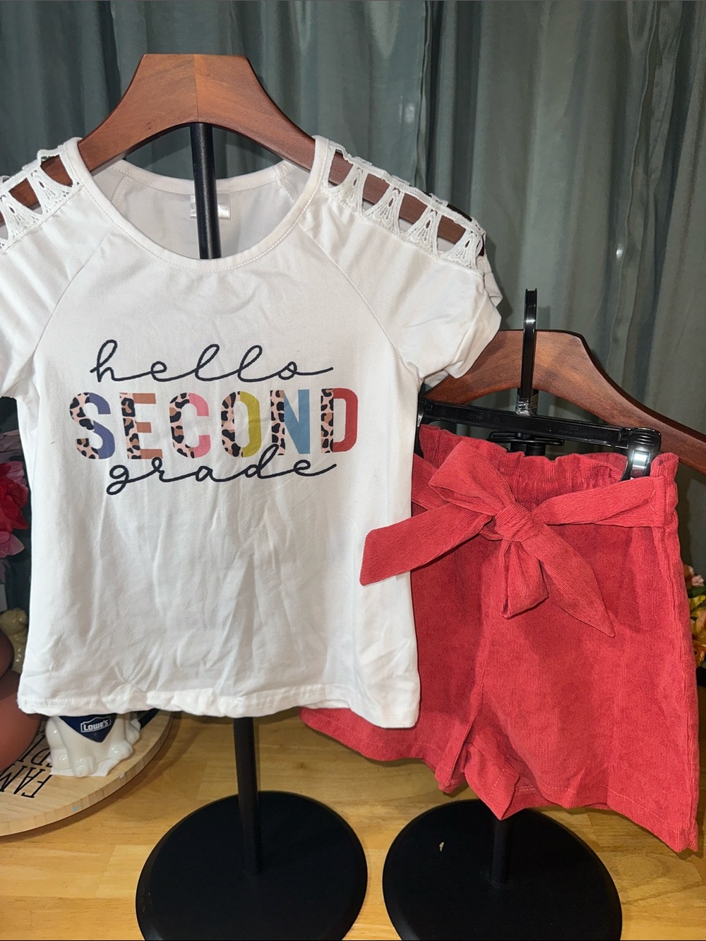 SHEIN White "Hello Second Grade" Lace-Shoulder Tee girls S (7/8) B220